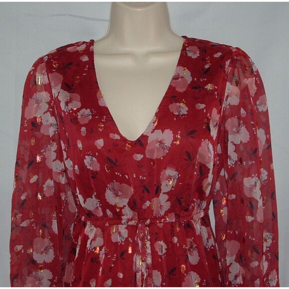 DIZZY LIZZY Sparkly Maroon Floral Sz Medium Church Office Lined Flowy Midi Dress - Picture 2 of 4